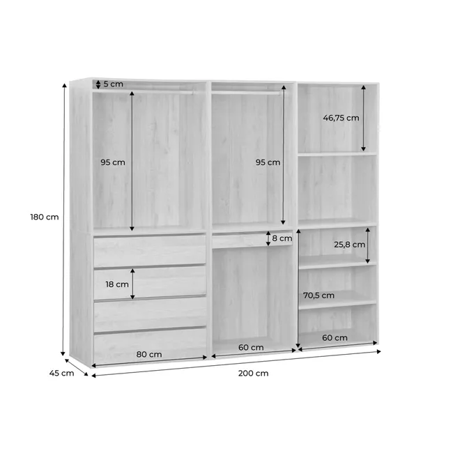 Kit dressing modulable avec 3 éléments. étagères. tiroirs. penderie. porte pantalons. coloris naturel 200 x 45 x 180 cm MODULO – Image 2