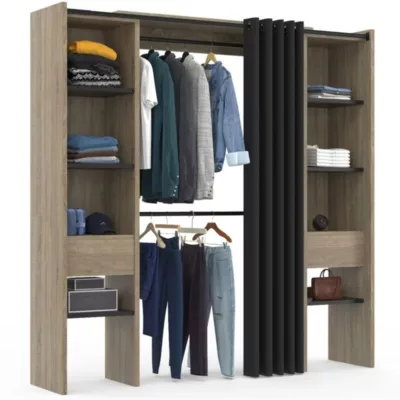 Dressing extensible double MERYL 120/180 x 50 x 180 cm hêtre avec étagères hêtre + double penderie + rideau noir
