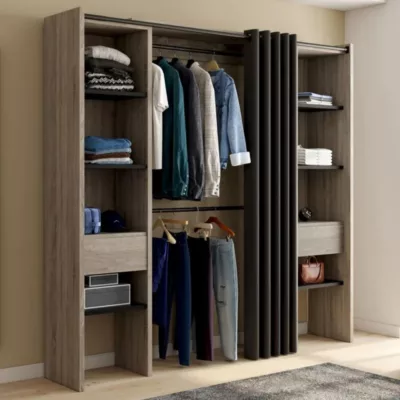 Dressing extensible double MERYL 120/180 x 50 x 180 cm hêtre avec étagères hêtre + double penderie + rideau noir – Image 2