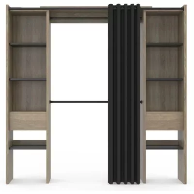 Dressing extensible double MERYL 120/180 x 50 x 180 cm hêtre avec étagères hêtre + double penderie + rideau noir – Image 3
