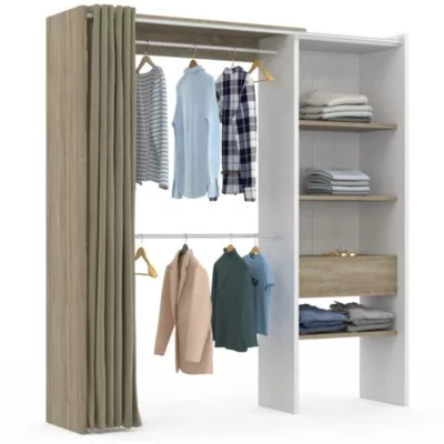 Dressing extensible MARTY 120/170 x 50 x 180 cm blanc avec étagères hêtre + double penderie + rideau taupe