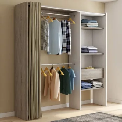 Dressing extensible MARTY 120/170 x 50 x 180 cm blanc avec étagères hêtre + double penderie + rideau taupe – Image 2