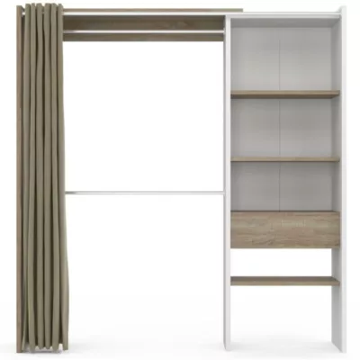 Dressing extensible MARTY 120/170 x 50 x 180 cm blanc avec étagères hêtre + double penderie + rideau taupe – Image 3