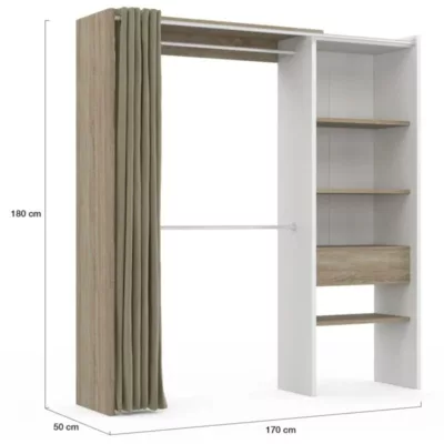 Dressing extensible MARTY 120/170 x 50 x 180 cm blanc avec étagères hêtre + double penderie + rideau taupe – Image 4
