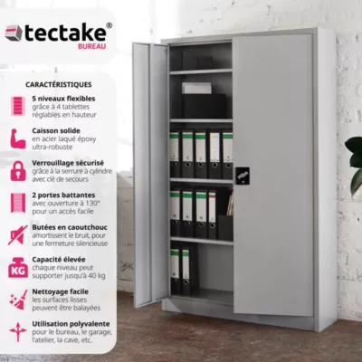 Armoire de classement en métal TECTAKE - 4 étagères réglables en hauteur - Gris – Image 2
