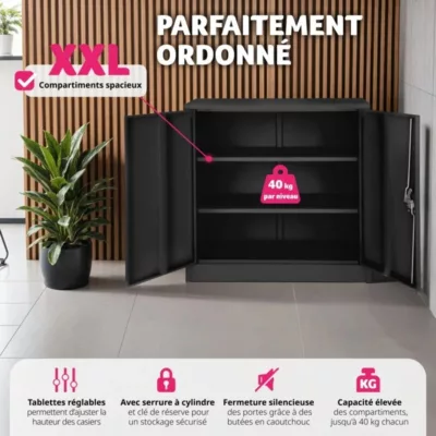 Armoire de classement en métal Verrouillable, deux clés incluses noir – Image 3