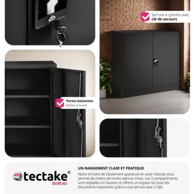 Armoire de classement en métal Verrouillable, deux clés incluses noir – Image 5