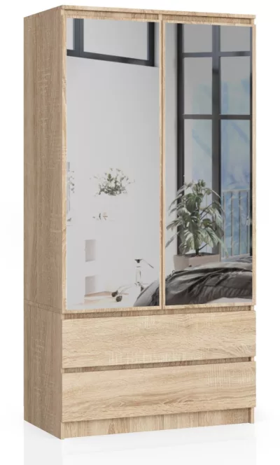 Armoire AKORD S90 avec miroir Chêne Sonoma 90 cm 2 portes 2 tiroirs façade Chêne Sonoma 4 étagères 90x51x180 cm