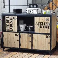 Docks – Buffet industriel en métal noir et bois de sapin L110