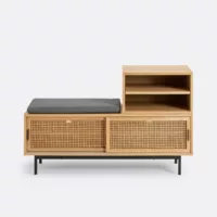 Banc d’entrée plaqué chêne et cannage, Waska