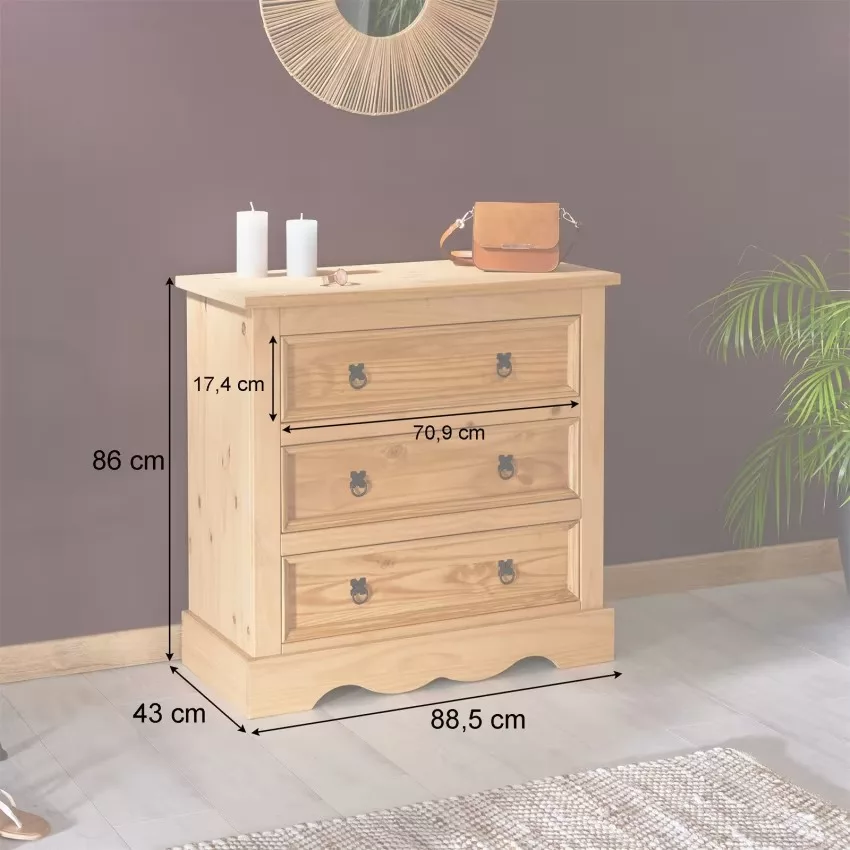 Tequila - Commode 3 tiroirs en bois massif, coloris naturel – Image 12