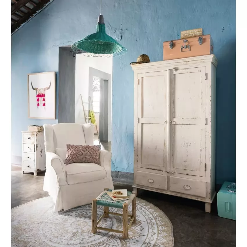 Avignon - Armoire 2 portes 2 tiroirs en manguier blanc patiné L108 – Image 10