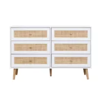 Boheme – Commode décor bois et cannage 6 tiroirs, blanc