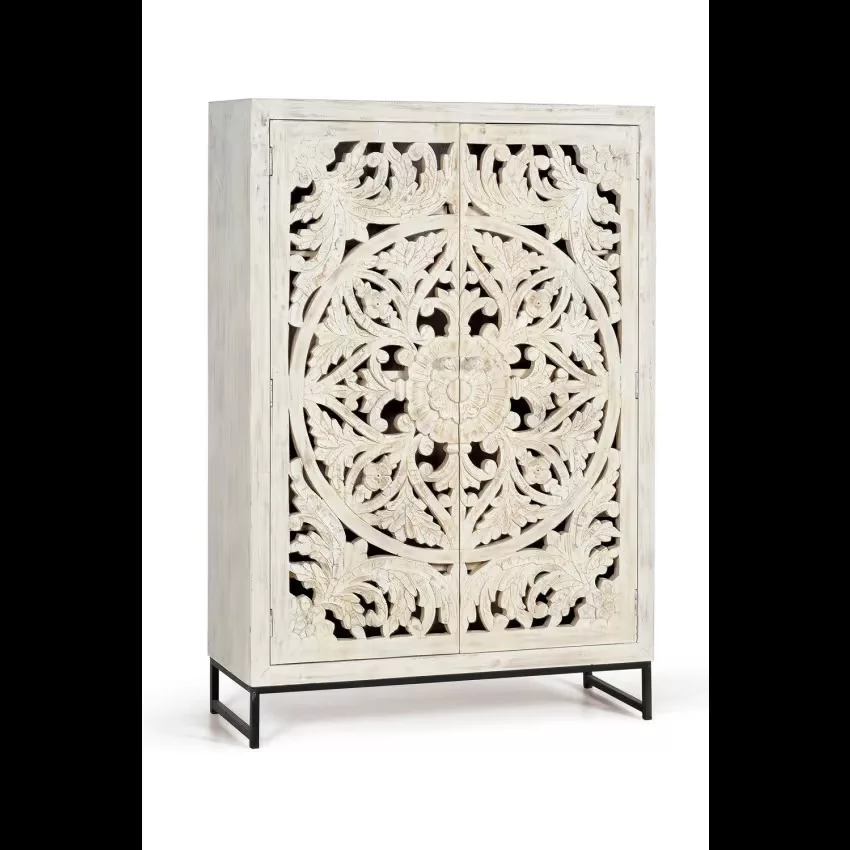 Mykonos - Vitrine en manguier et pieds en métal blanc vieilli