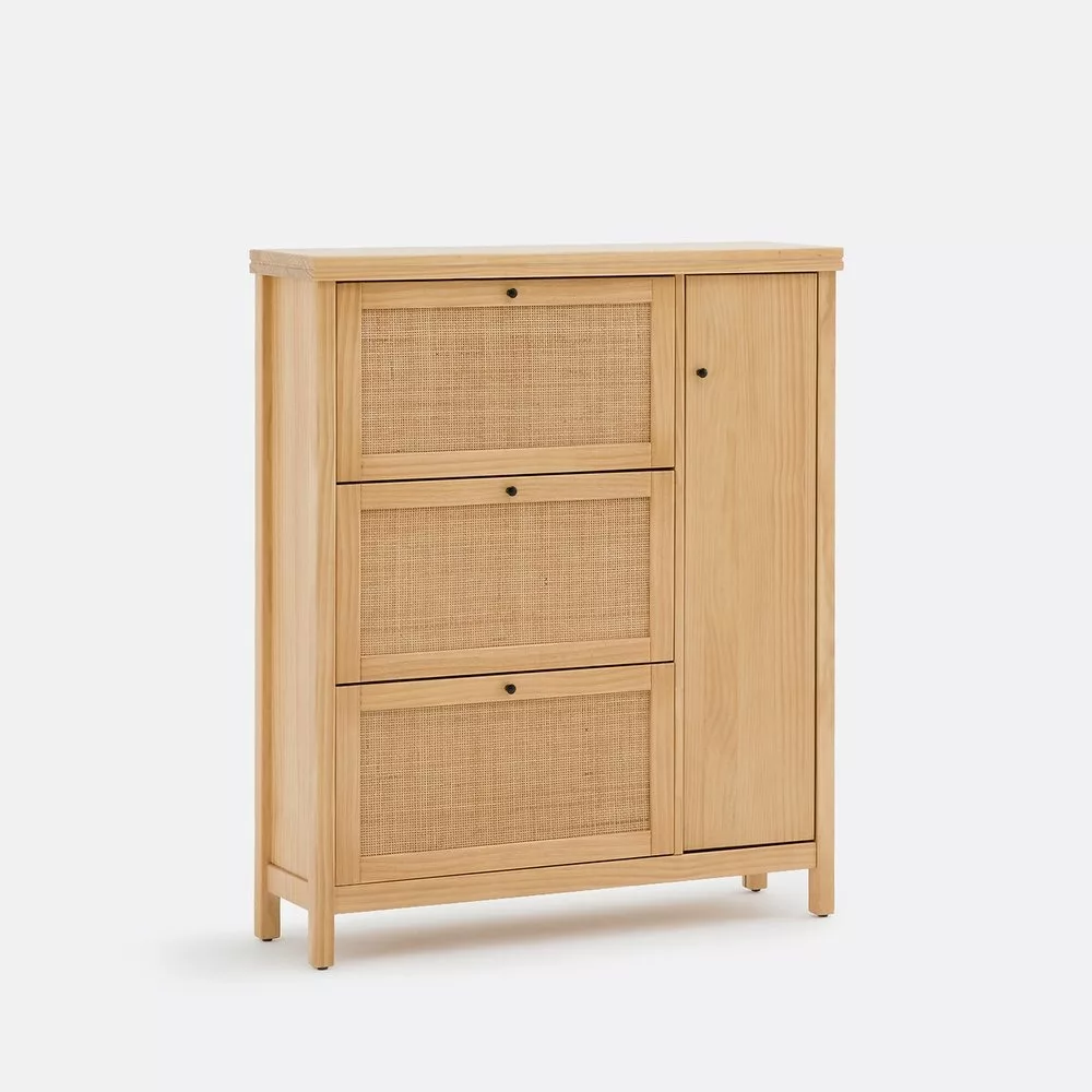 Meuble à chaussures, en pin massif et cannage de rotin, Gabin