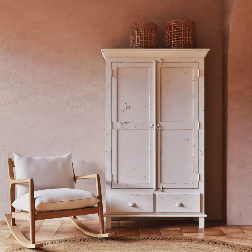 Avignon - Armoire 2 portes 2 tiroirs en manguier blanc patiné L108 – Image 12