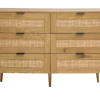 Commode finition bois clair, cannage en rotin et métal noir 6 tiroirs L120 cm MANILLE