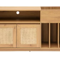 Buffet de rangement vinyles finition bois clair chêne et cannage rotin L130 cm ALICANTE