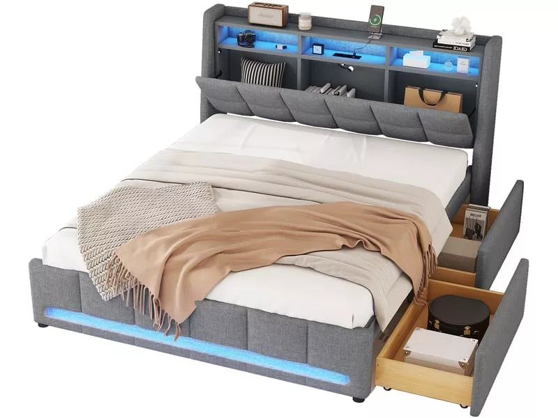 Lit avec rangement 140x200 cm OKWISH coloris gris