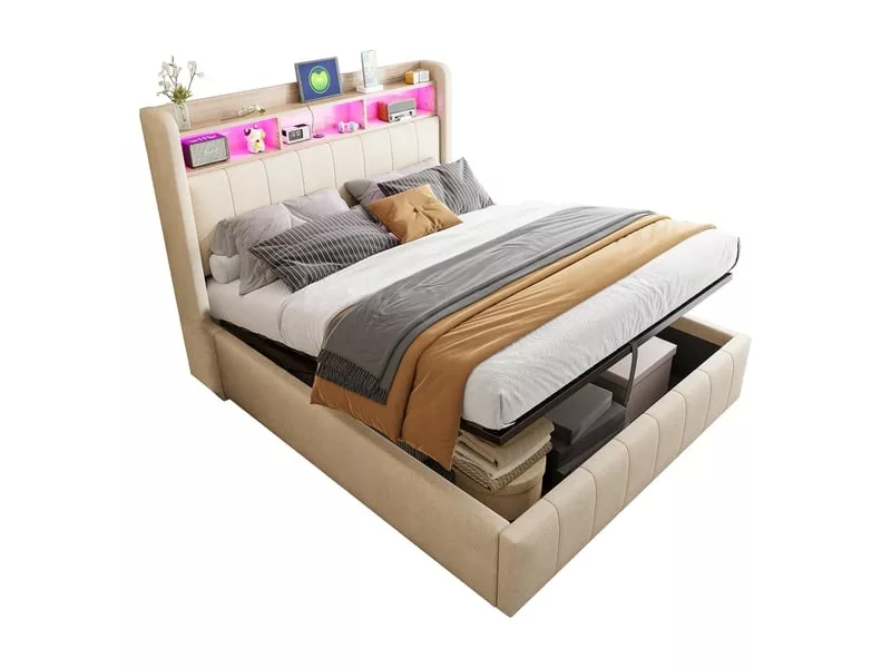 Lit coffre 140x200 cm OKMYHOME coloris beige – Image 2