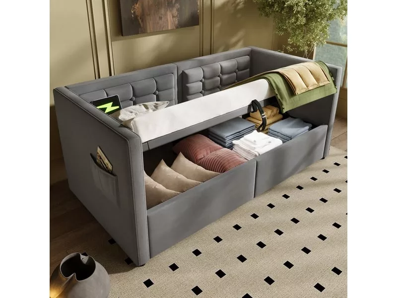 Lit coffre 90x190 cm KOMHTOM coloris gris – Image 3