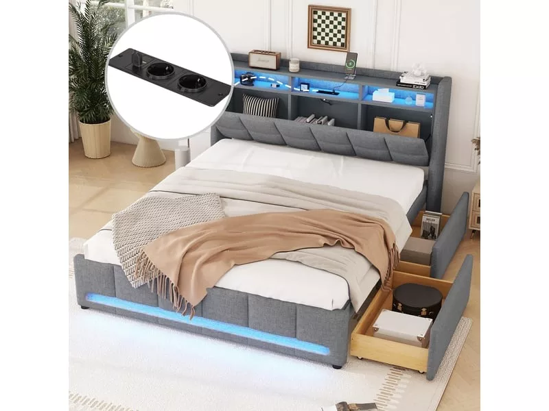 Lit avec rangement 140x200 cm OKWISH coloris gris – Image 5