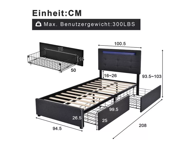 Lit avec rangement 90x200 cm SWEIKO YCFR000169 coloris gris – Image 4