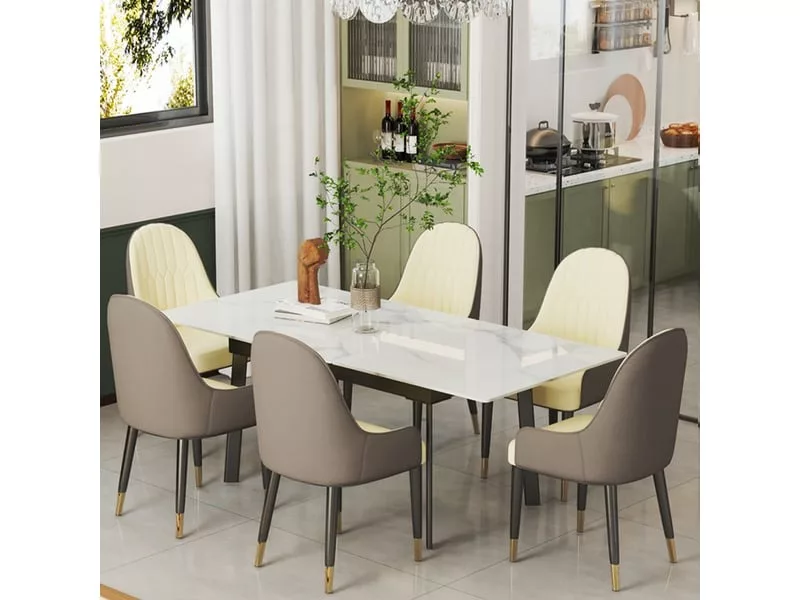 Table à manger extensible rectangle avec allonge 6 personne effet marbre en fer blanc 130-160cm – Image 3