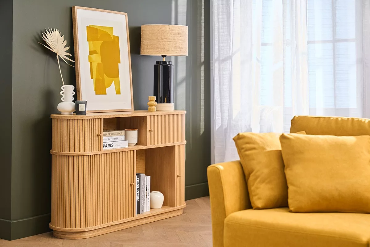 Console vintage en bois clair chêne avec portes coulissantes L120 cm EPIC – Image 11