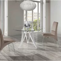 Table à manger ronde design beniza 120cm – plateau verre trempé et pieds métal blanc brillant