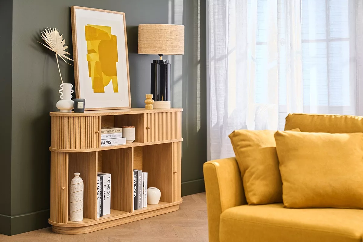 Console vintage en bois clair chêne avec portes coulissantes L120 cm EPIC – Image 12