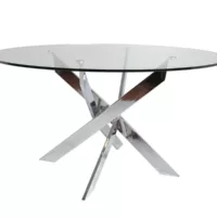 Table à manger ronde en verre trempé avec pieds en métal chromé – diamètre 140 x hauteur 76 cm