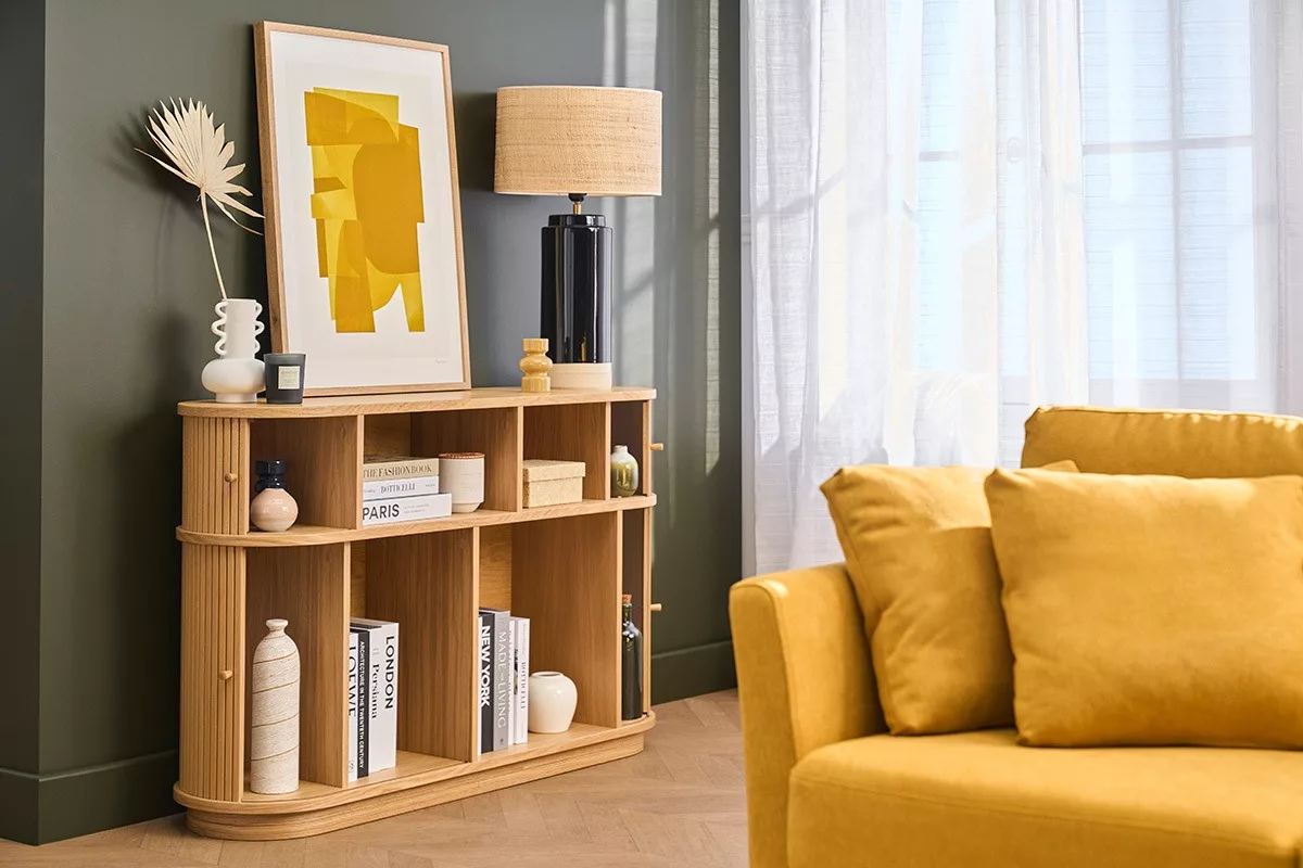 Console vintage en bois clair chêne avec portes coulissantes L120 cm EPIC – Image 13