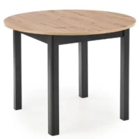 Table à manger ronde industrielle extensible avec plateau aspect chêne et pieds noir carene