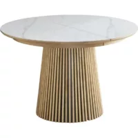 Table à manger ronde extensible plateau en céramique effet marbre et bois clair 6-8 personnes 120-200 cm – ada Ada