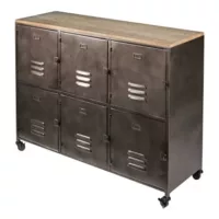 Wayne – Buffet industriel à roulettes 6 portes en métal et bois de sapin L119