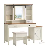 Liry – Coiffeuse avec miroir et éclairage avec tabouret multiprise blanc