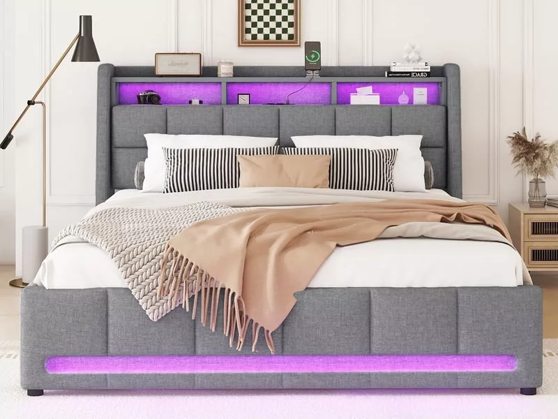 Lit avec rangement 140x200 cm OKWISH coloris gris – Image 6