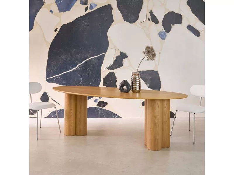 Table à manger ovale bois d'hévéa et placage chêne naturel 8 places 220cm - leonore – Image 6