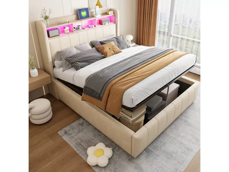 Lit coffre 140x200 cm OKMYHOME coloris beige – Image 3