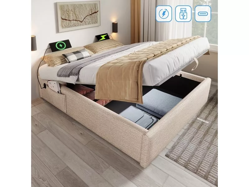 Lit coffre 140x200 cm WISHDOR coloris naturel – Image 4