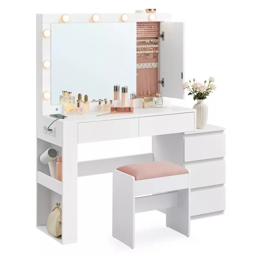 Coiffeuse avec tiroir miroir multiprise tabouret blanc