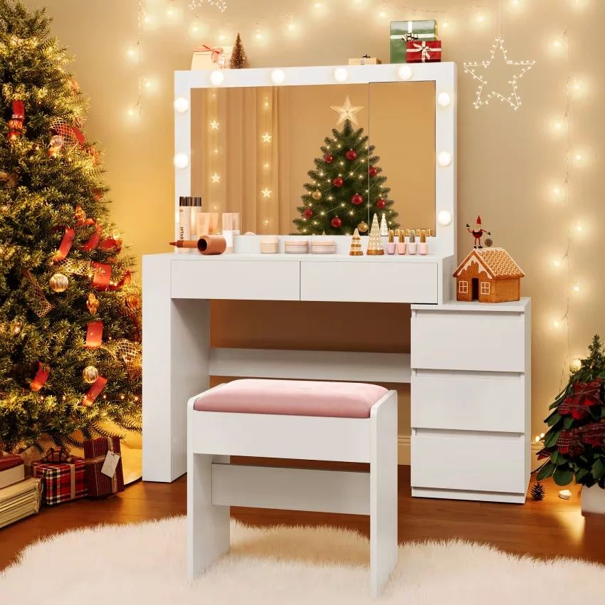 Coiffeuse avec tiroir miroir multiprise tabouret blanc – Image 2