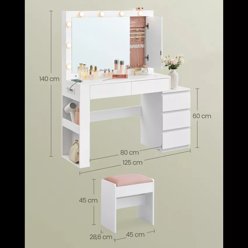 Coiffeuse avec tiroir miroir multiprise tabouret blanc – Image 4