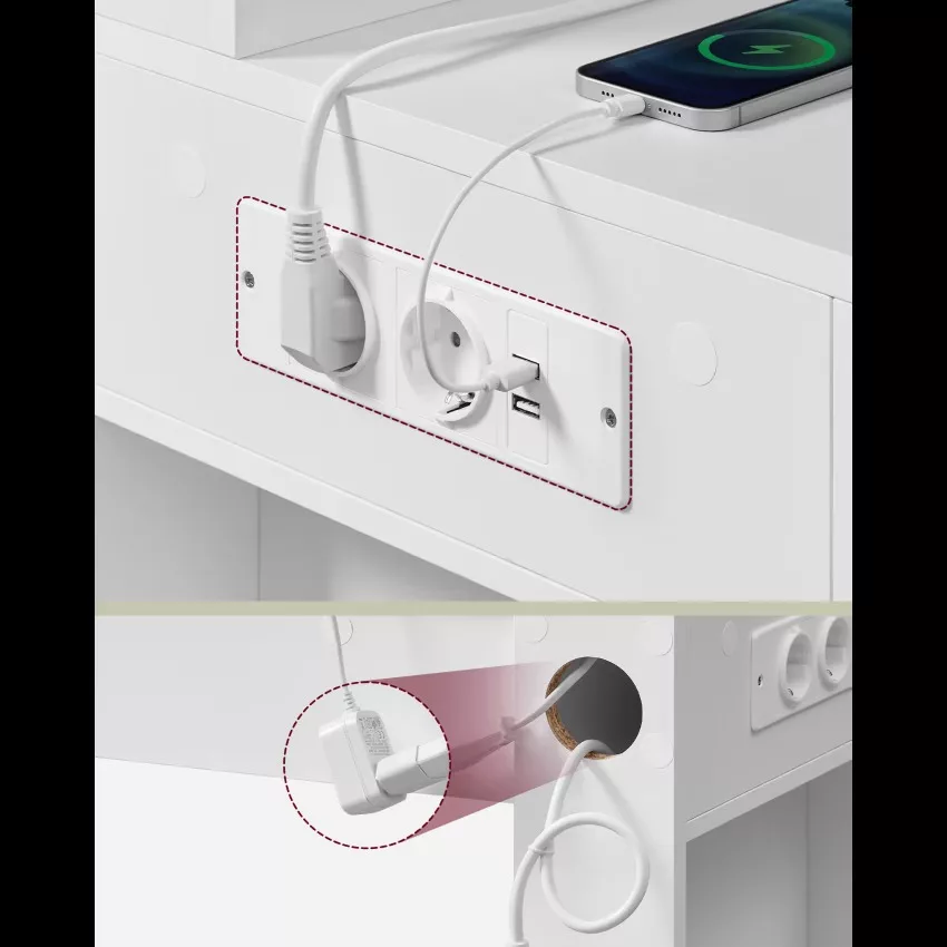 Coiffeuse avec tiroir miroir multiprise tabouret blanc – Image 5