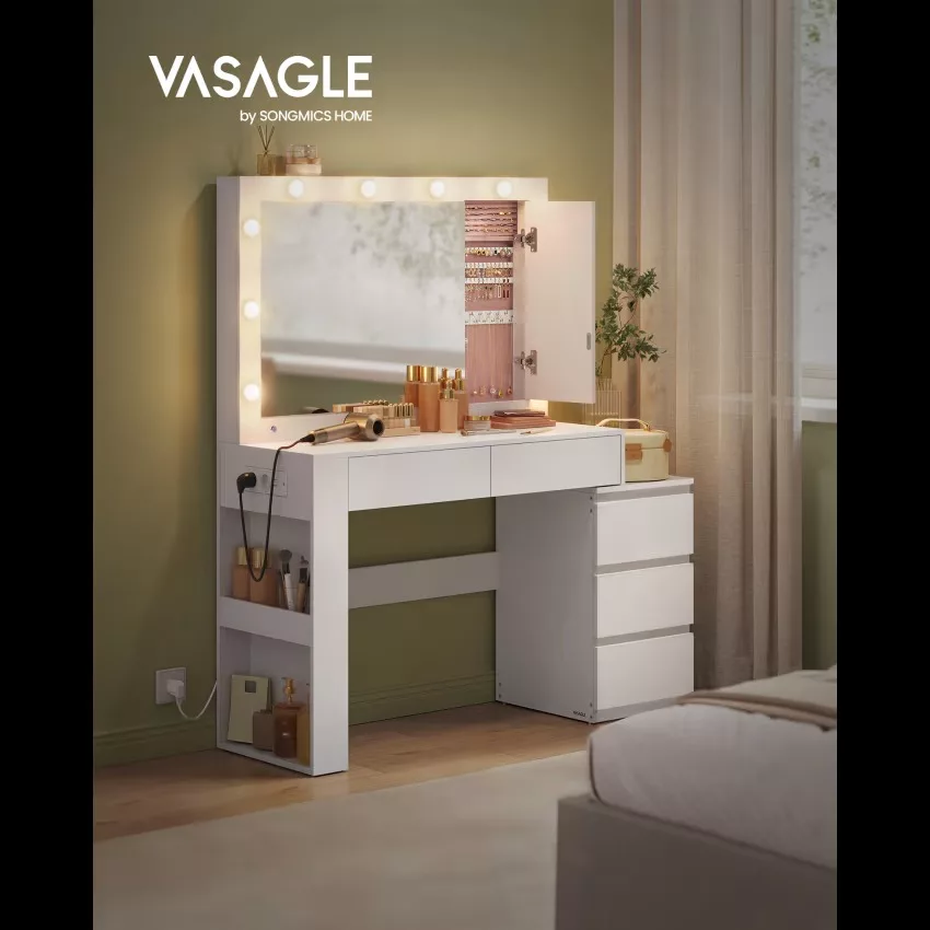 Coiffeuse avec tiroir miroir multiprise tabouret blanc – Image 7