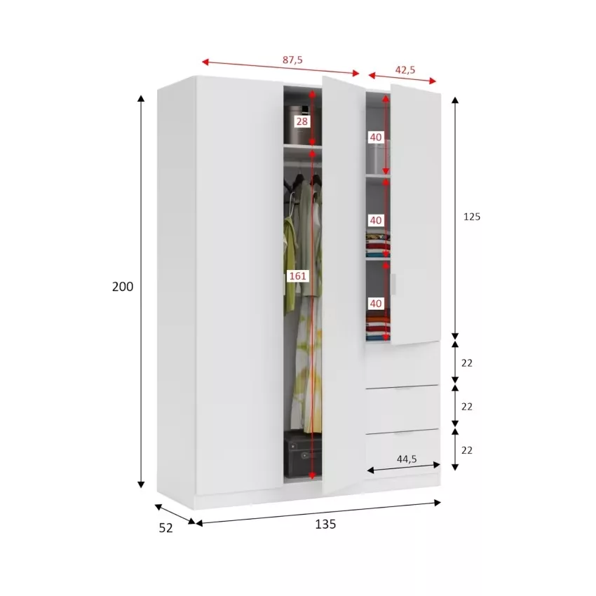 Fullerton - Armoire 3 portes effet bois blanc 135x52 cm – Image 3