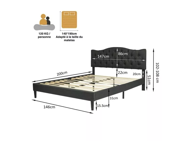 Lit 2 places 140x190 cm MEUBLES COSY coloris gris – Image 4