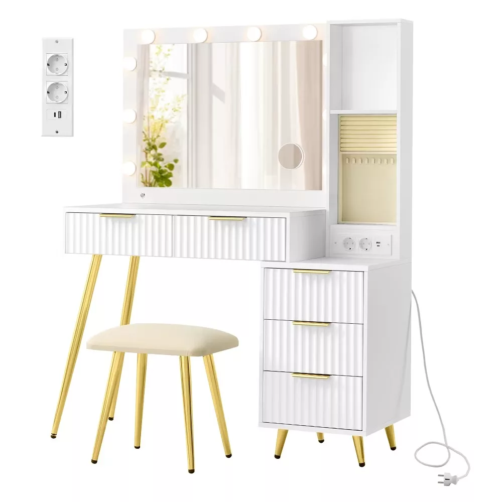 Mazy - Coiffeuse avec miroir et tabouret loupe 10x 40 x 110 x 135 cm blanc