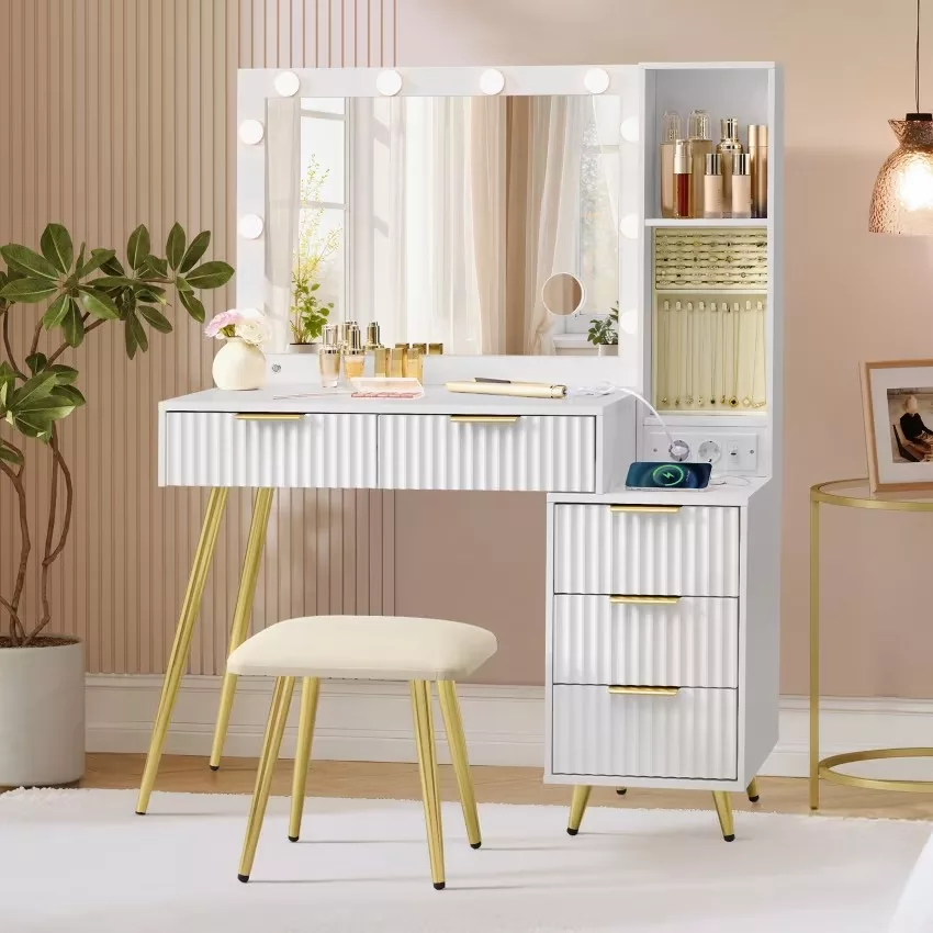 Mazy - Coiffeuse avec miroir et tabouret loupe 10x 40 x 110 x 135 cm blanc – Image 2